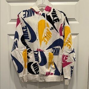 Nike White Hoodie with Blue, Yellow, and Pink Logos